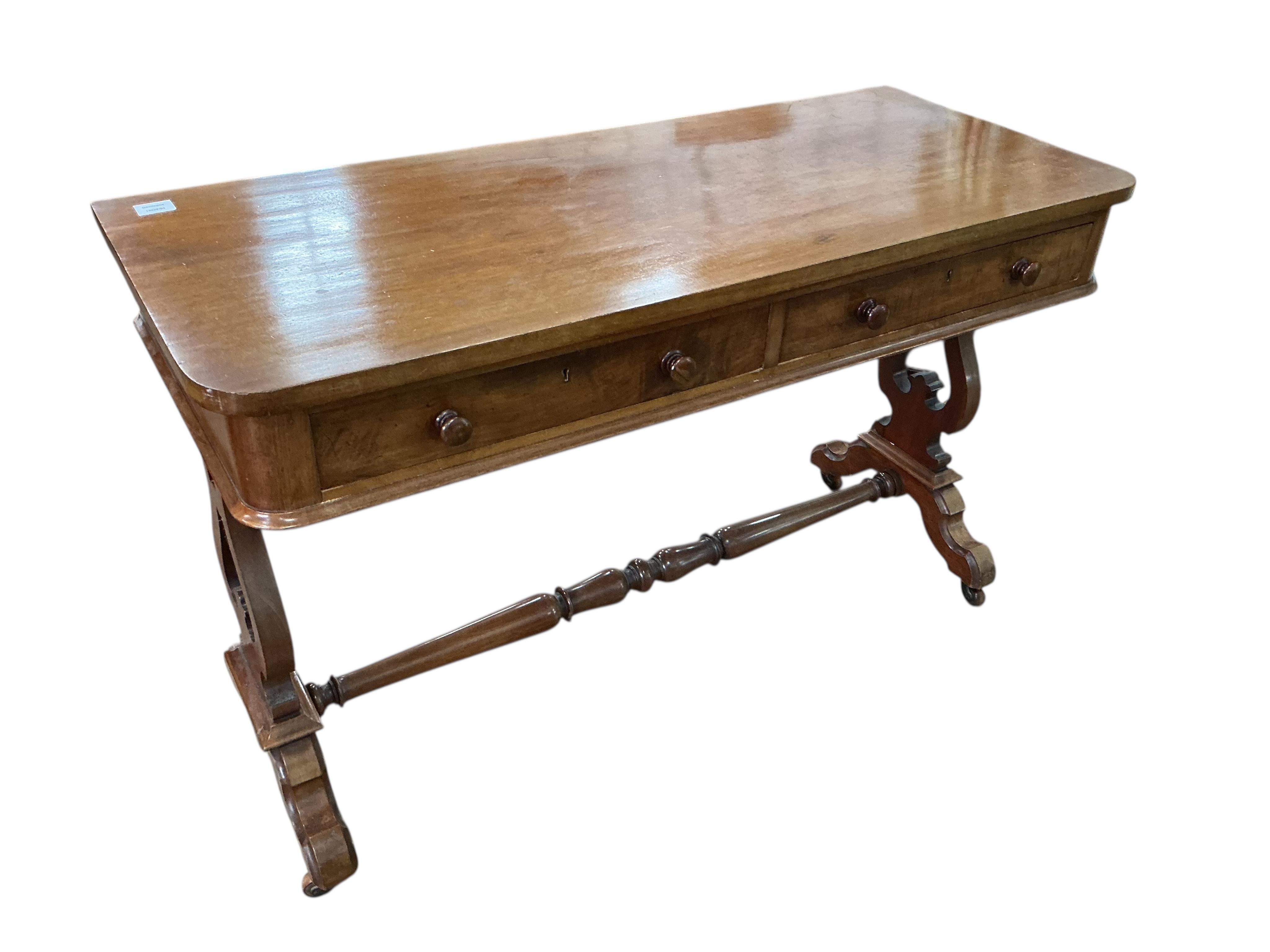A Victorian mahogany two drawer side table, width 122cm, depth 51cm, height 75cm
